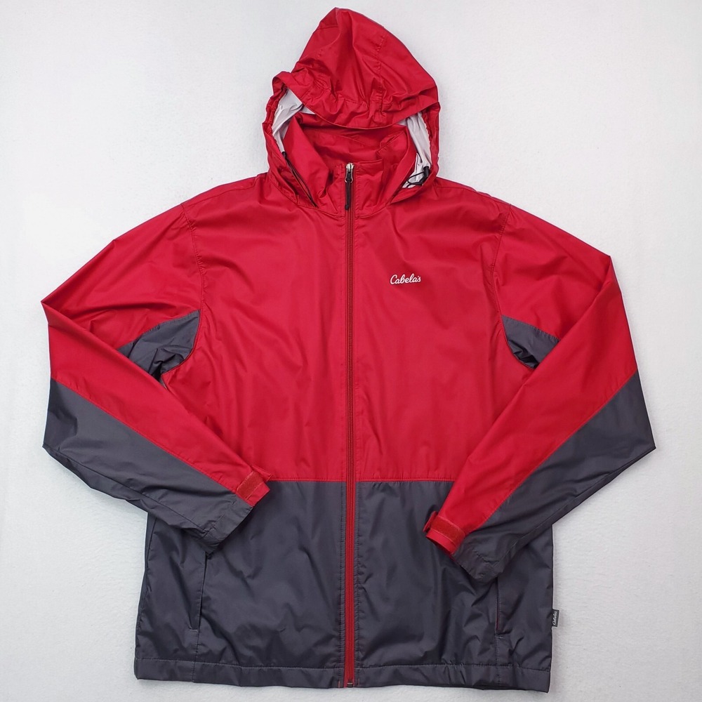 Cabelas Jacket Mens Medium Red Gray Windbreaker Rain Coat Lightweight Outdoor
